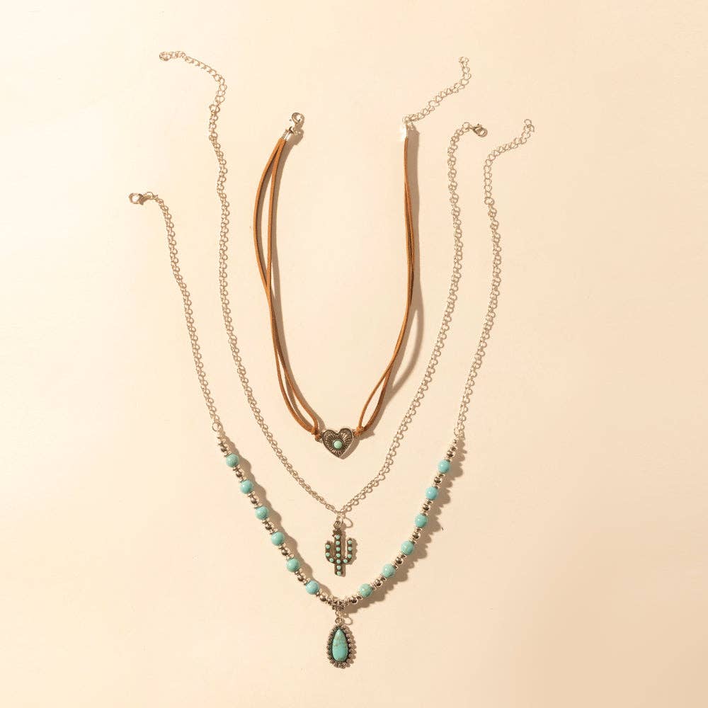 Boho Mesa Layered Necklace - Turquoise Bead and Cactus Pendant