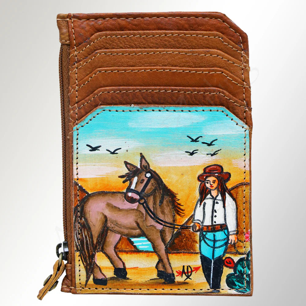 American Darling Hand-Printed Leather Card Holder - Cowgirl and Horse