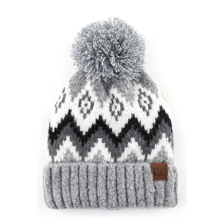 C.C. Soft Aztec Pattern Beanie with Knit Pom