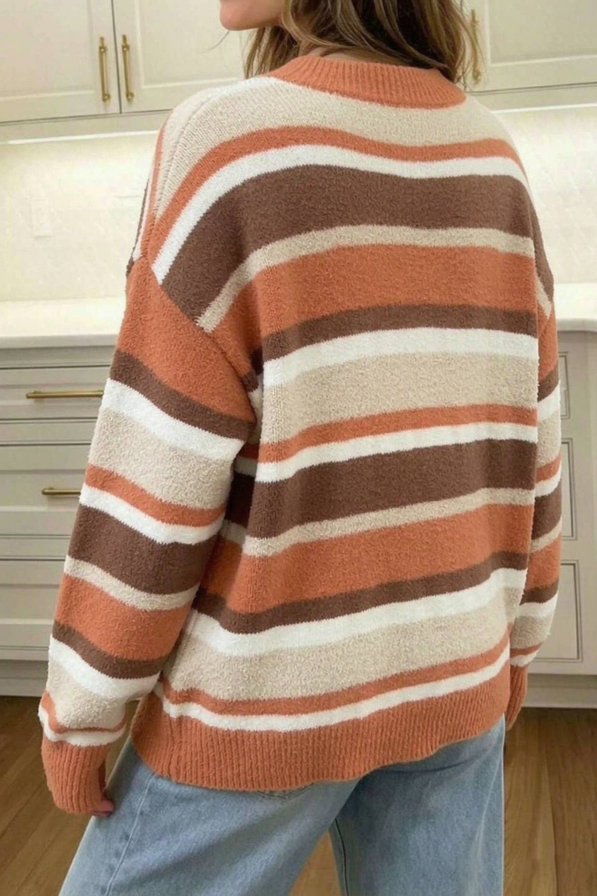 Women's Color Block Stripe Crewneck Sweater - Orange and Tan