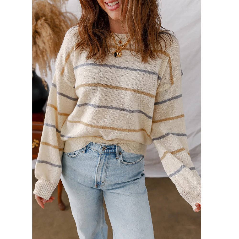Women's Casual Striped Loose Fit Sweater - Apricot