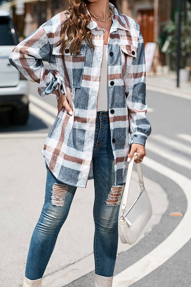 Women's Blue/Gray Plaid Print Button Up Shacket