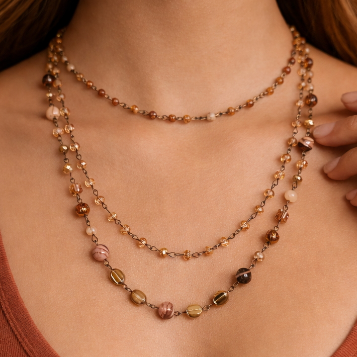 Triple Layered Crystal and Gemstone Necklace