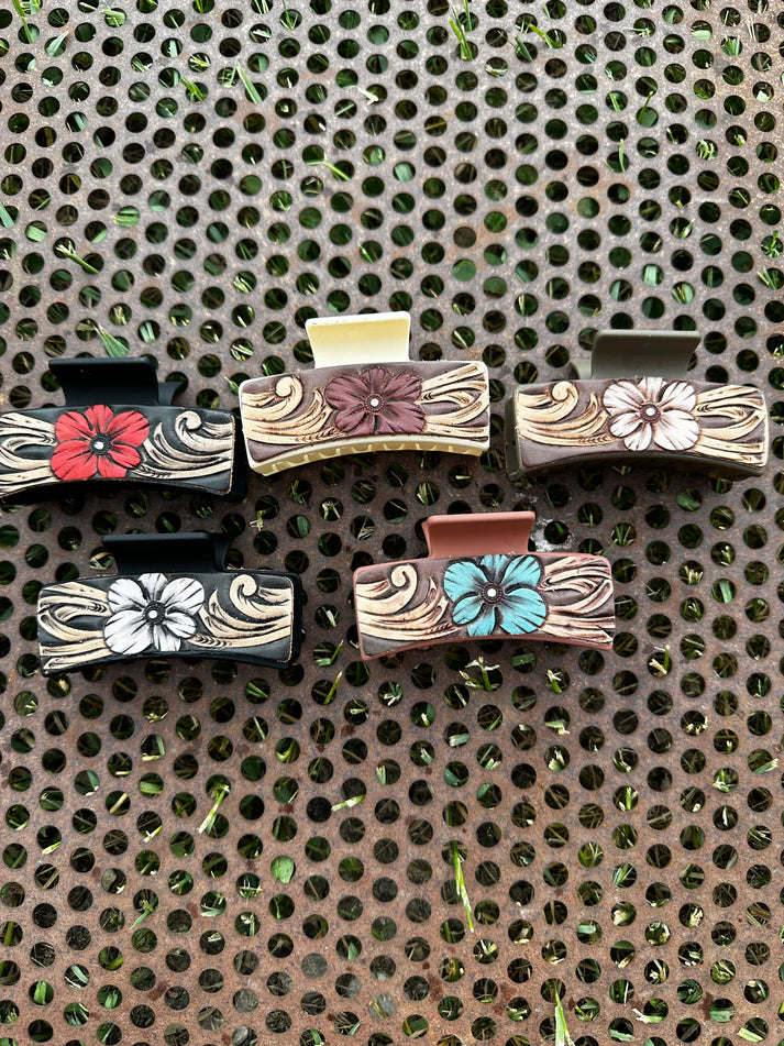 The Rodeo Rose Hand Tooled Leather Hair Clips