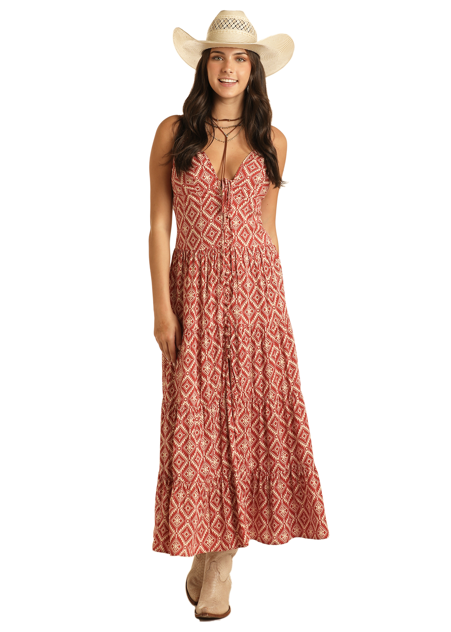 Women's Rock & Roll Denim Aztec Print Dress in Red