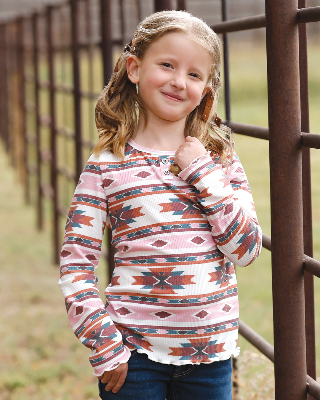 Girl's Cruel Girl Aztec Henley Blouse - Pink/White