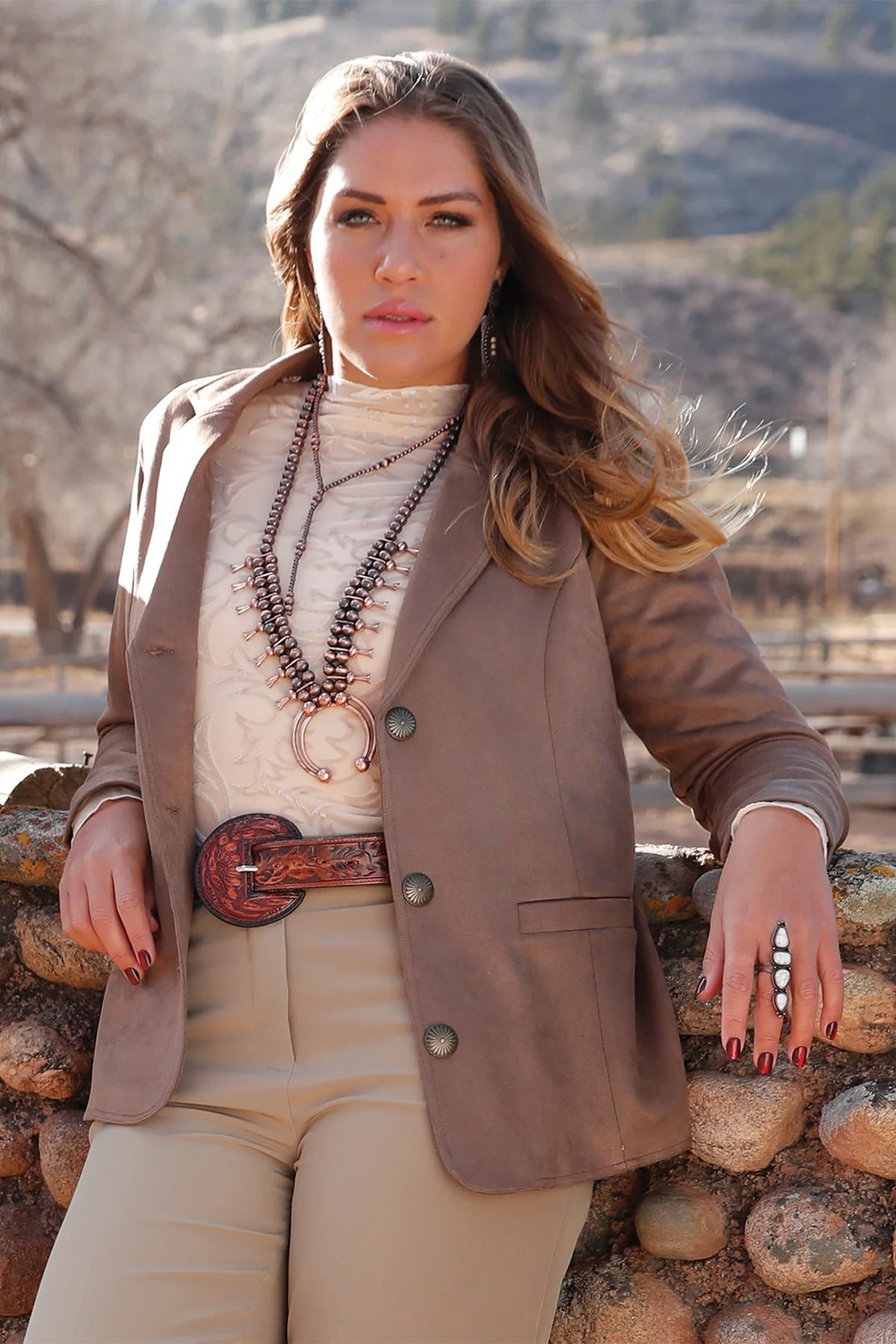Women's Cruel Denim Brown Suede Concho Button Blazer