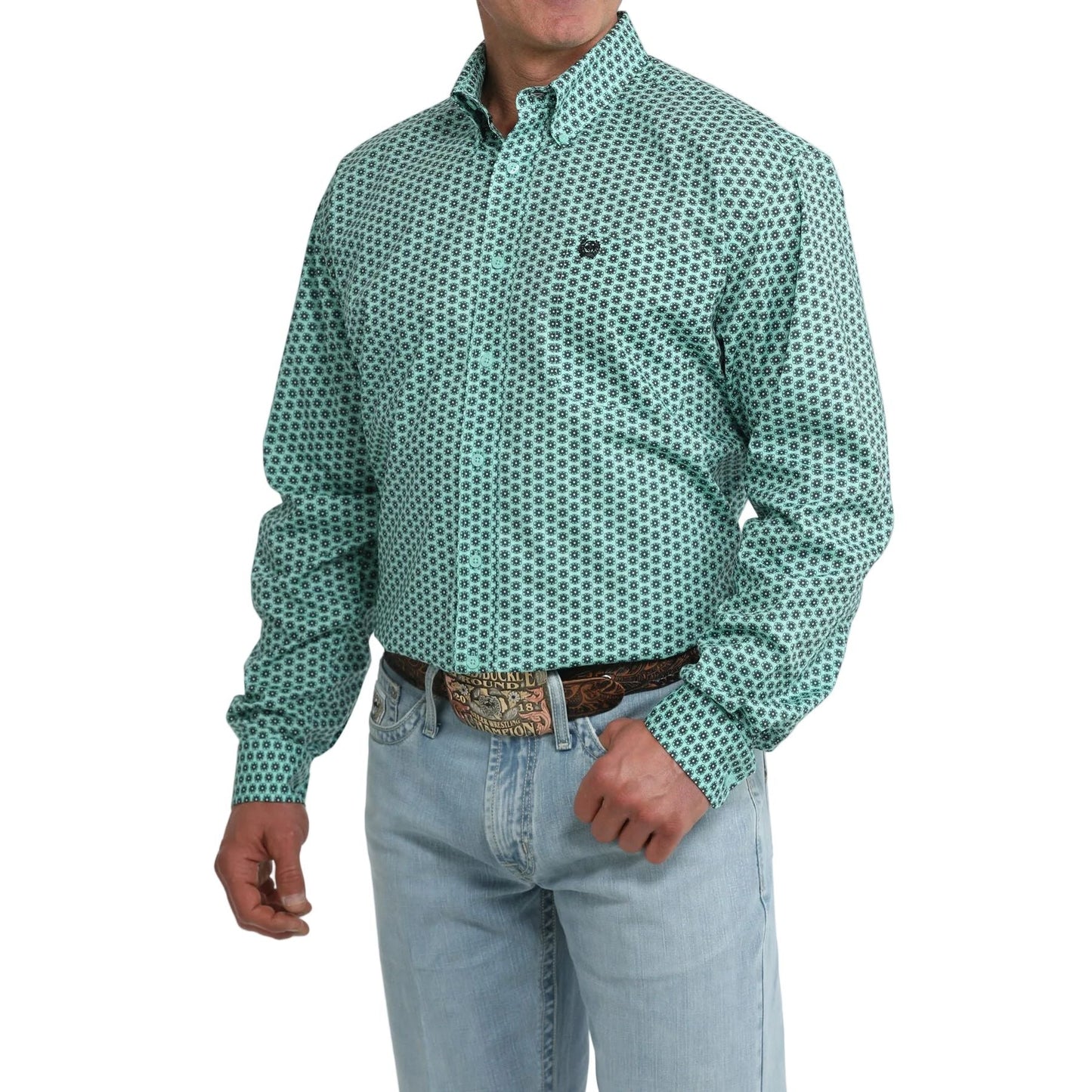 Men's Cinch Floral Geo Print Western Shirt - Teal