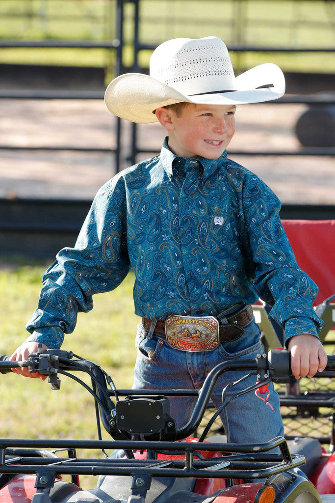 Boy's Cinch Match Dad Paisley Western Shirt - Blue