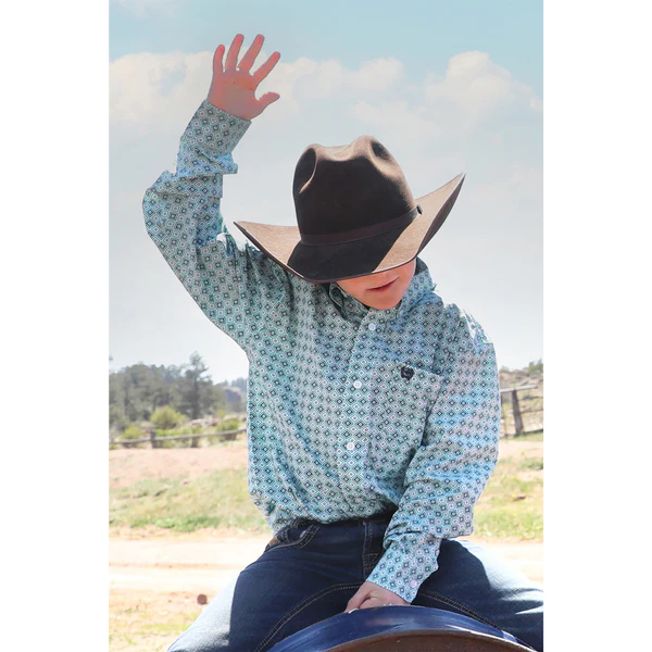Boy's Cinch Solid Button-Down Western Shirt - Turquoise Print