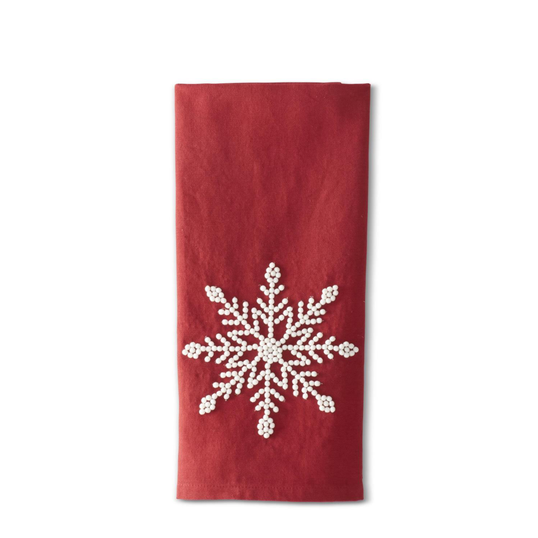 White Beaded Snowflake Red Velvet Towel