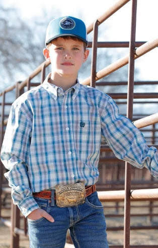 Boy's Cinch Blue Plaid Western Long Sleeve