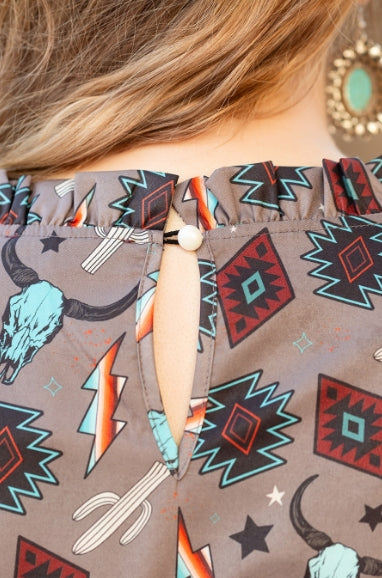 Women's Printed Ruffle Long Sleeve Top