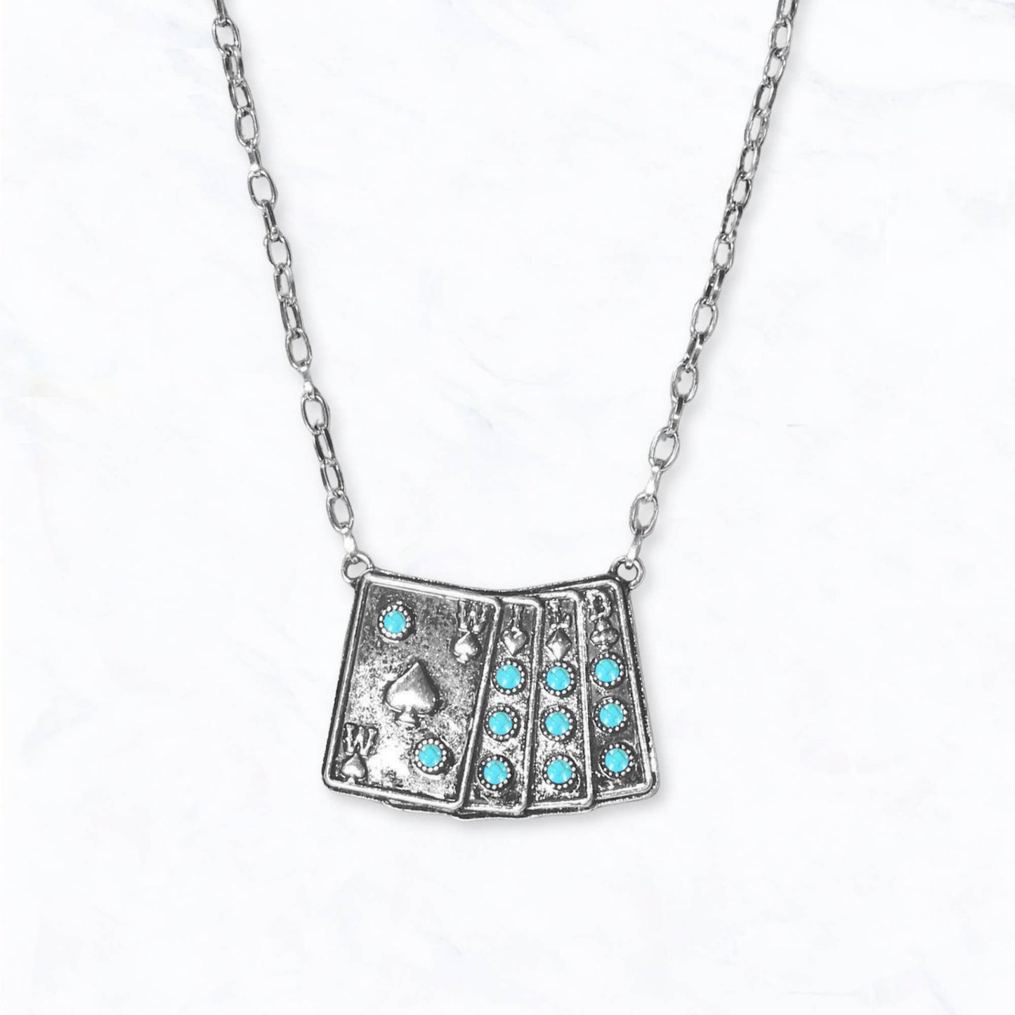 Western Engraved Silver Playing Cards Necklace