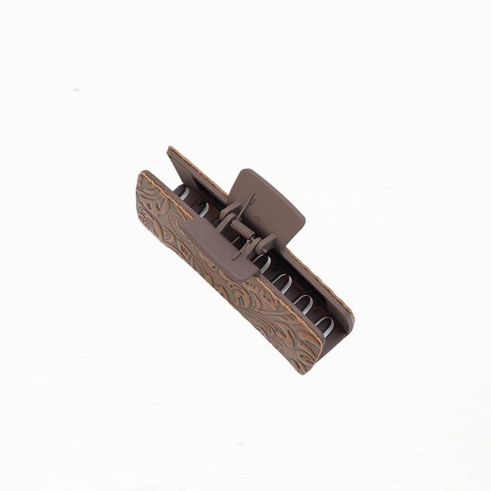 Embossed Leather Hair Clip in Cedar Brown