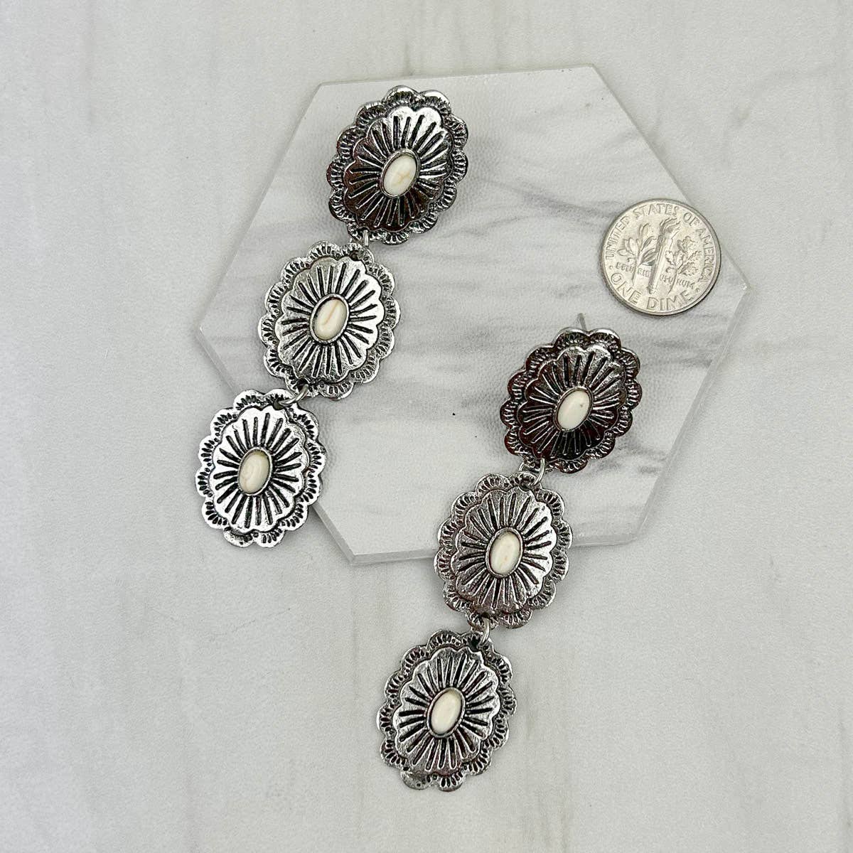 Silver Metal with White Turquoise Stone Concho Earrings