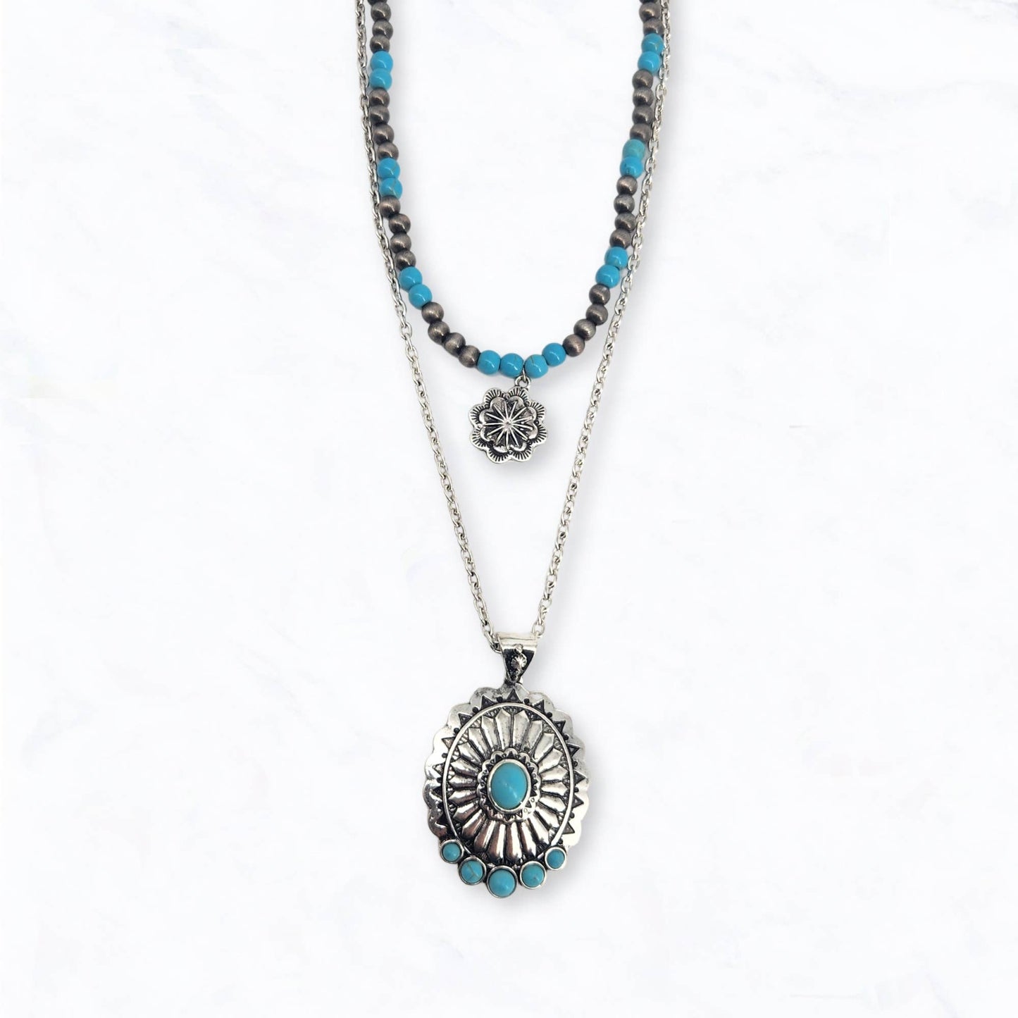 Western Turquoise Beaded Layered Necklace Set