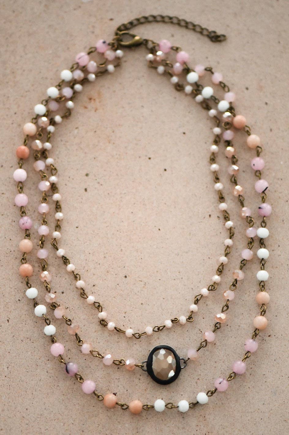 Triple Layered Mixed Glass Bead and Stone Necklace