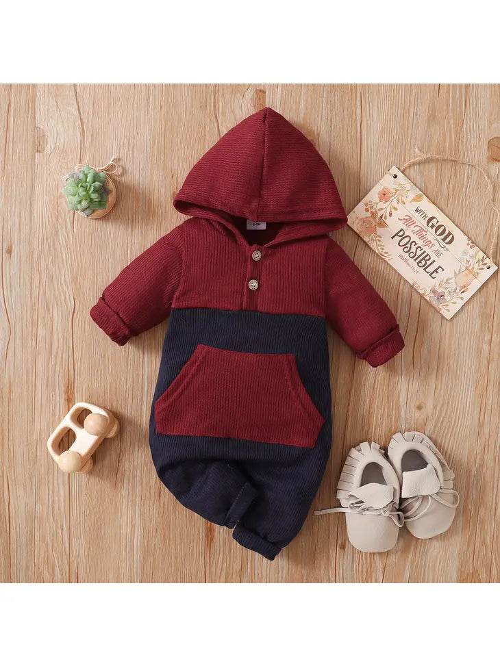 Baby Boy Waffle Colorblock Hooded Jumpsuit