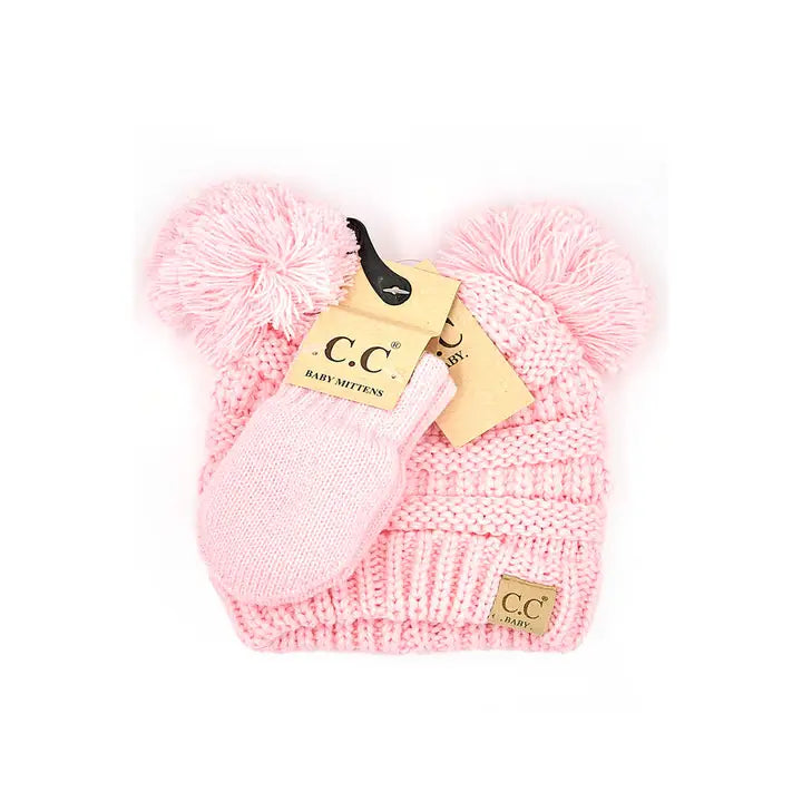 C.C. Baby Solid Ribbed Pom Beanie and Mitten Glove