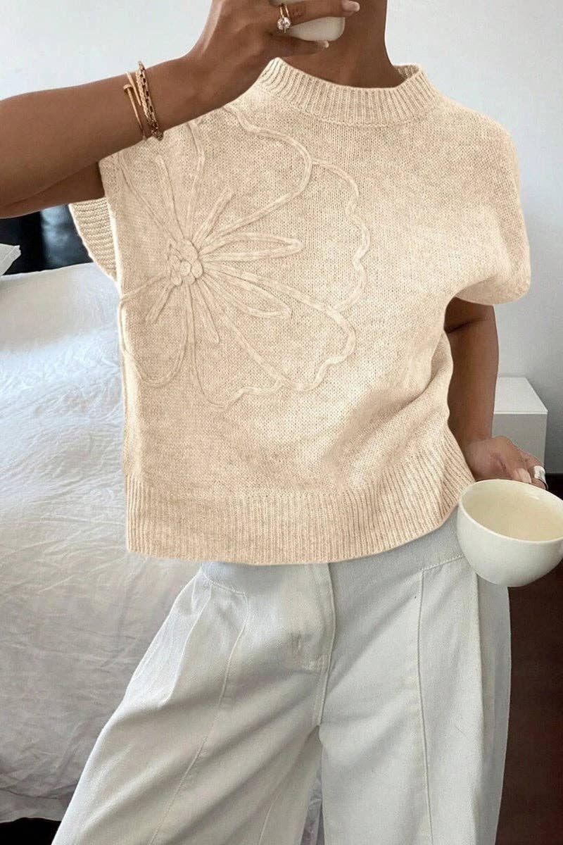 Women's Floral Knit Sleeveless Sweater - Beige