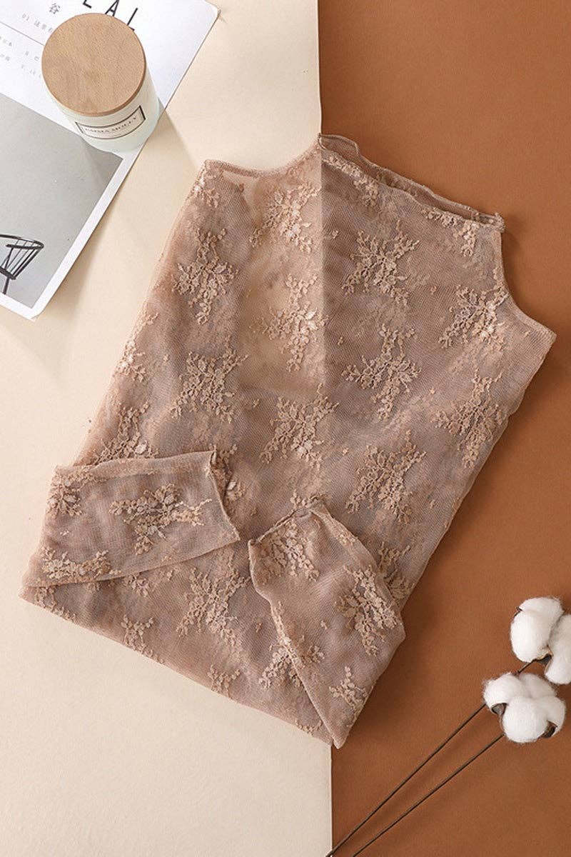 Women's Sheer Lace Top - Coffee