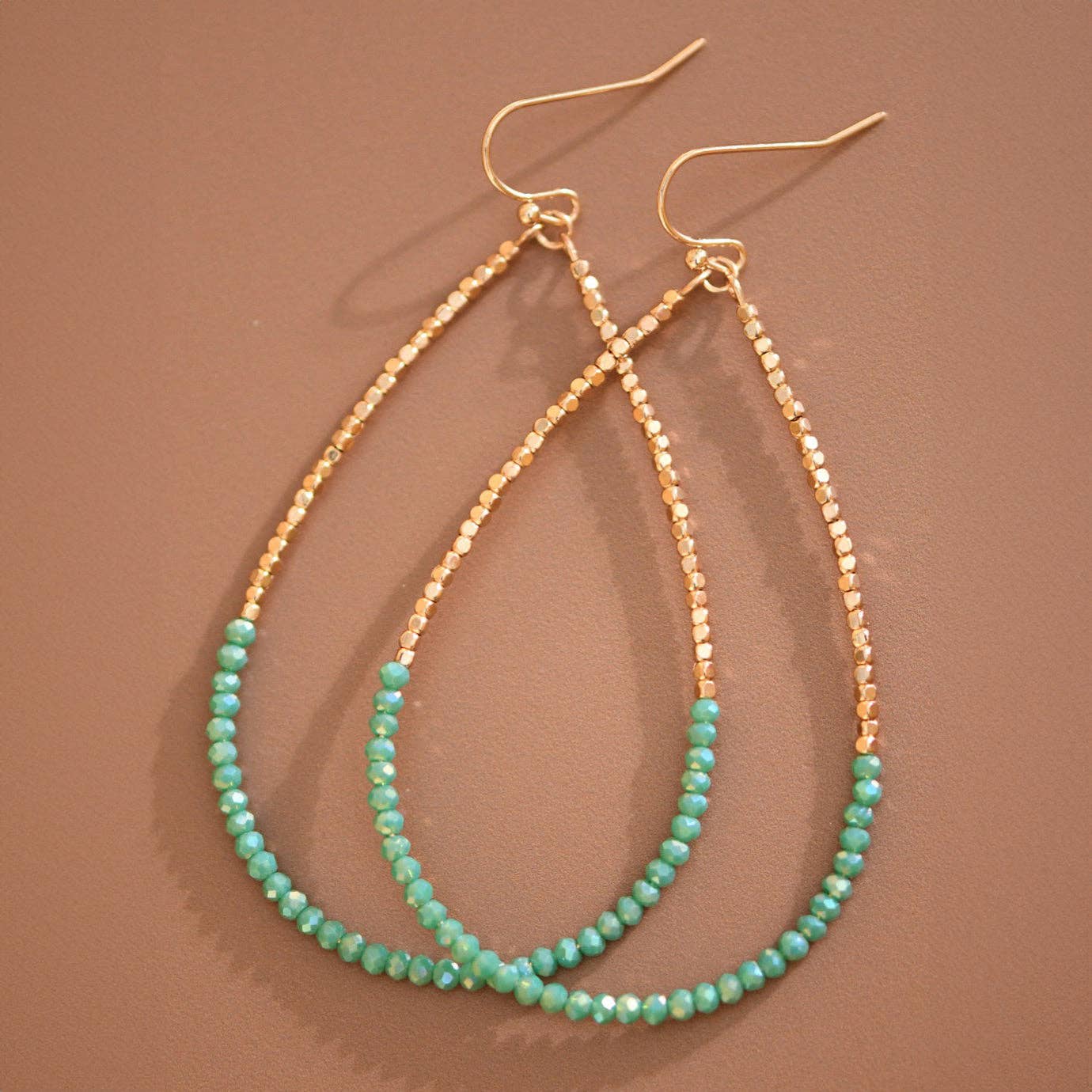 Gold Beaded Hollow Drop Earrings with Green Glass Beads