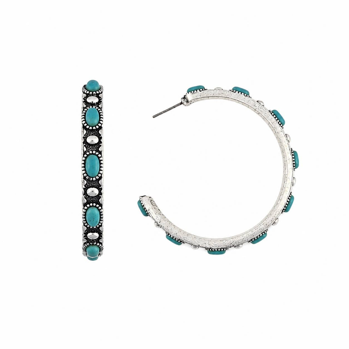 Antique Silver Turquoise Western Hoop Earrings