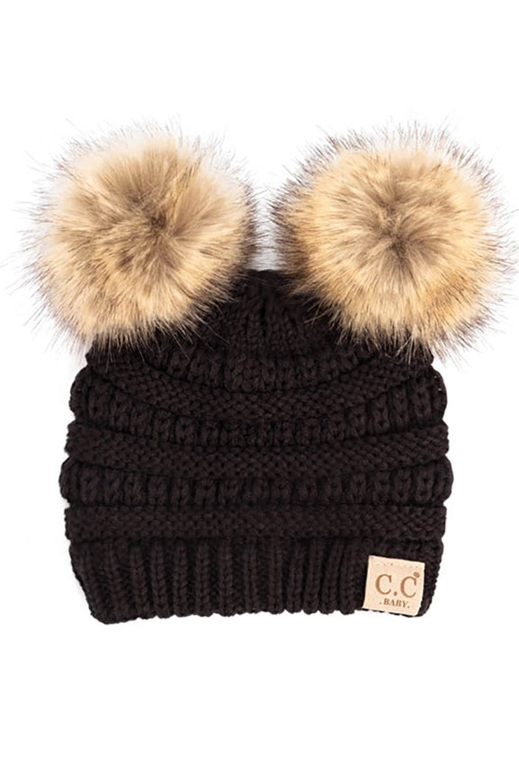 C.C. Solid Ribbed Infant Natural Fur Double Pom Pom Beanie