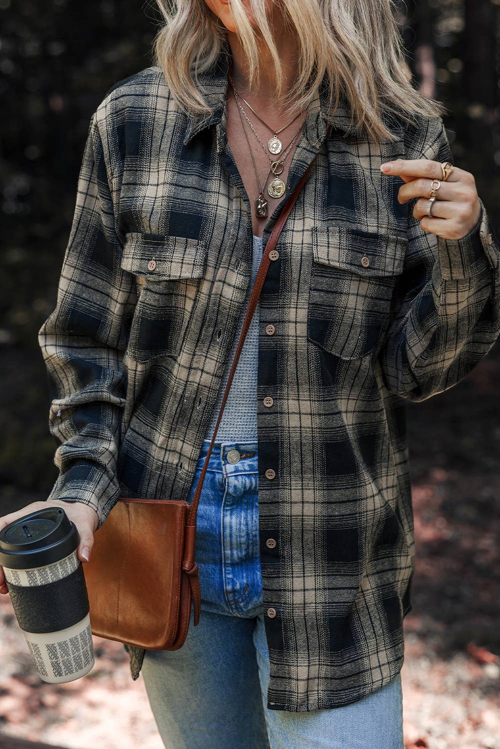 Women's Retro Plaid Button Down Shacket - Black and Cream