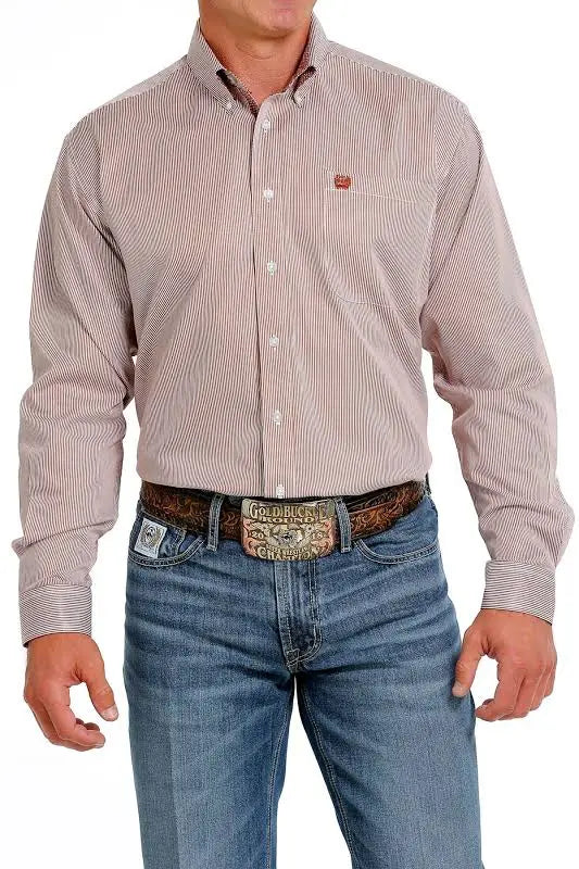 Cinch Men's Cinnamon & Cream Thin Stripe Tencel Long Sleeve Western Shirt