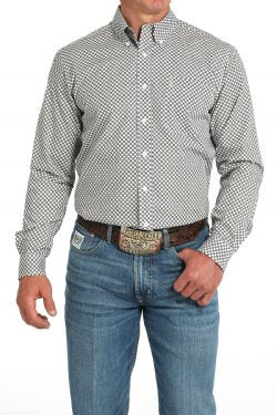 Men's Cinch Modern Fit Square Print Button-Down Western Shirt - White