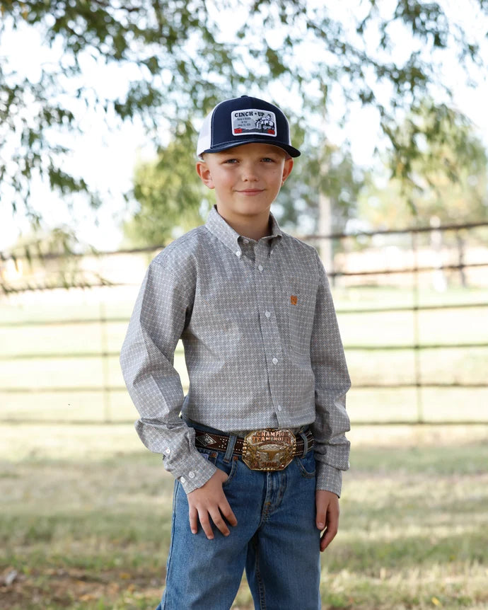 Boy's Cinch Orange and White Diamond Print Button-Up Shirt