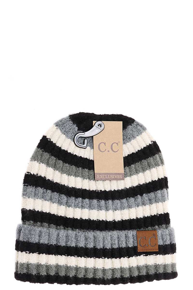 Striped Ribbed Knit Beanie With Cuff