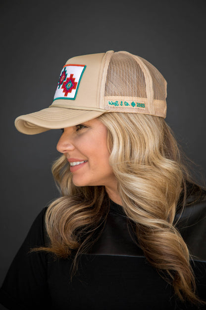 Khaki Trucker Cap with 3 Aztec Embroidered Patch
