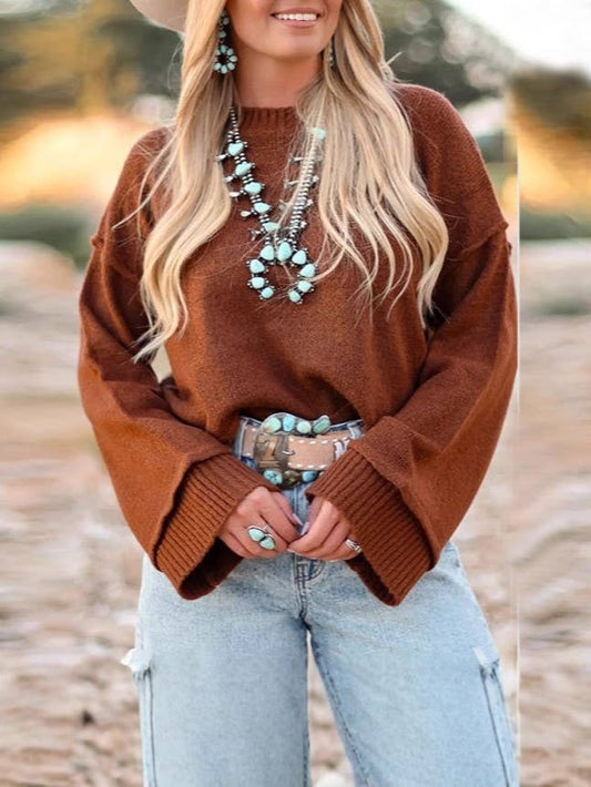 Women's Western Cowboy Flare Sleeve Knit Sweater - Rust