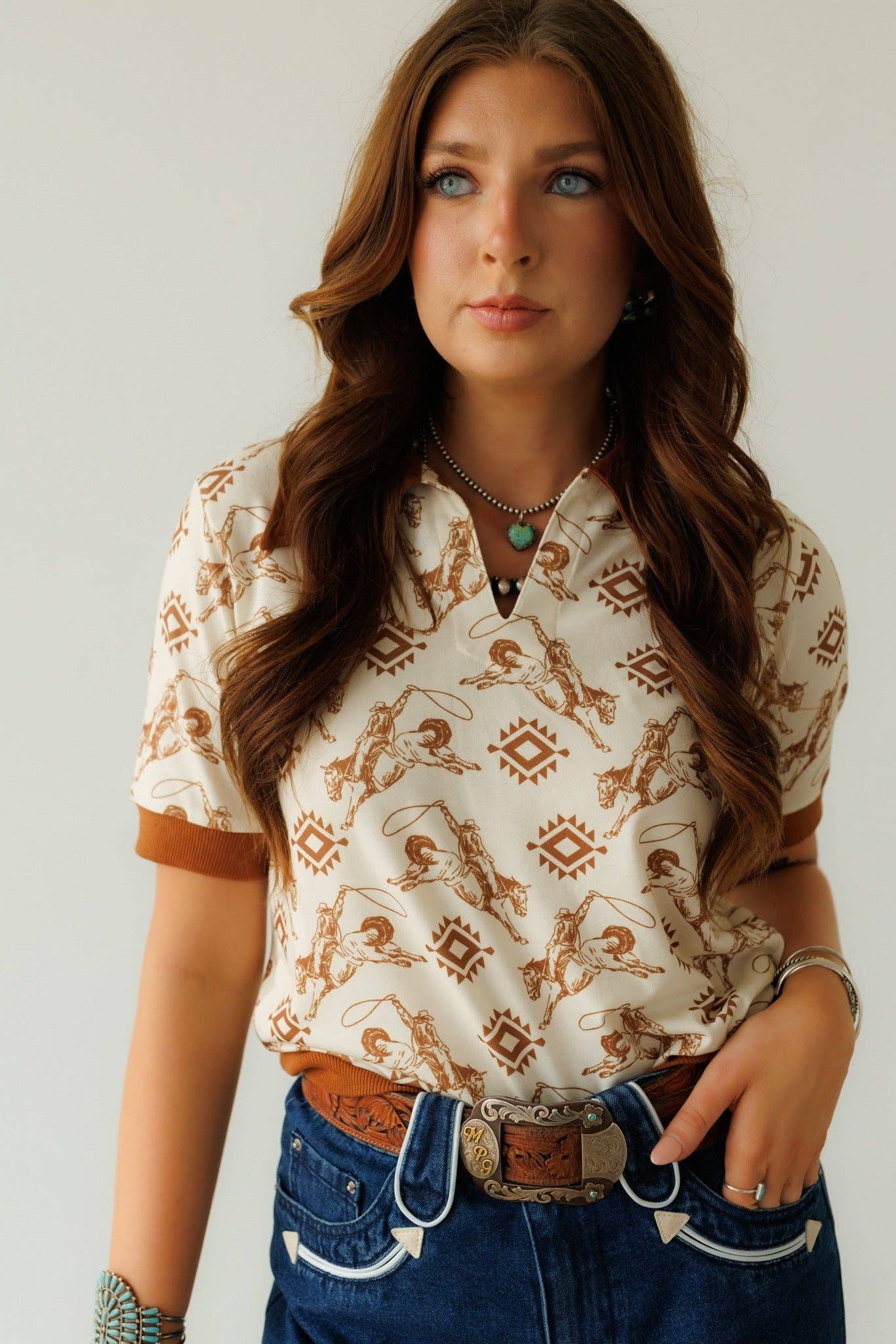 Women's Howdy Hanny Brown Aztec Polo