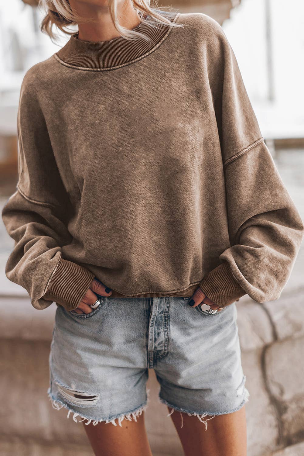 Women's Acid Washed Crewneck Sweatshirt - Brown
