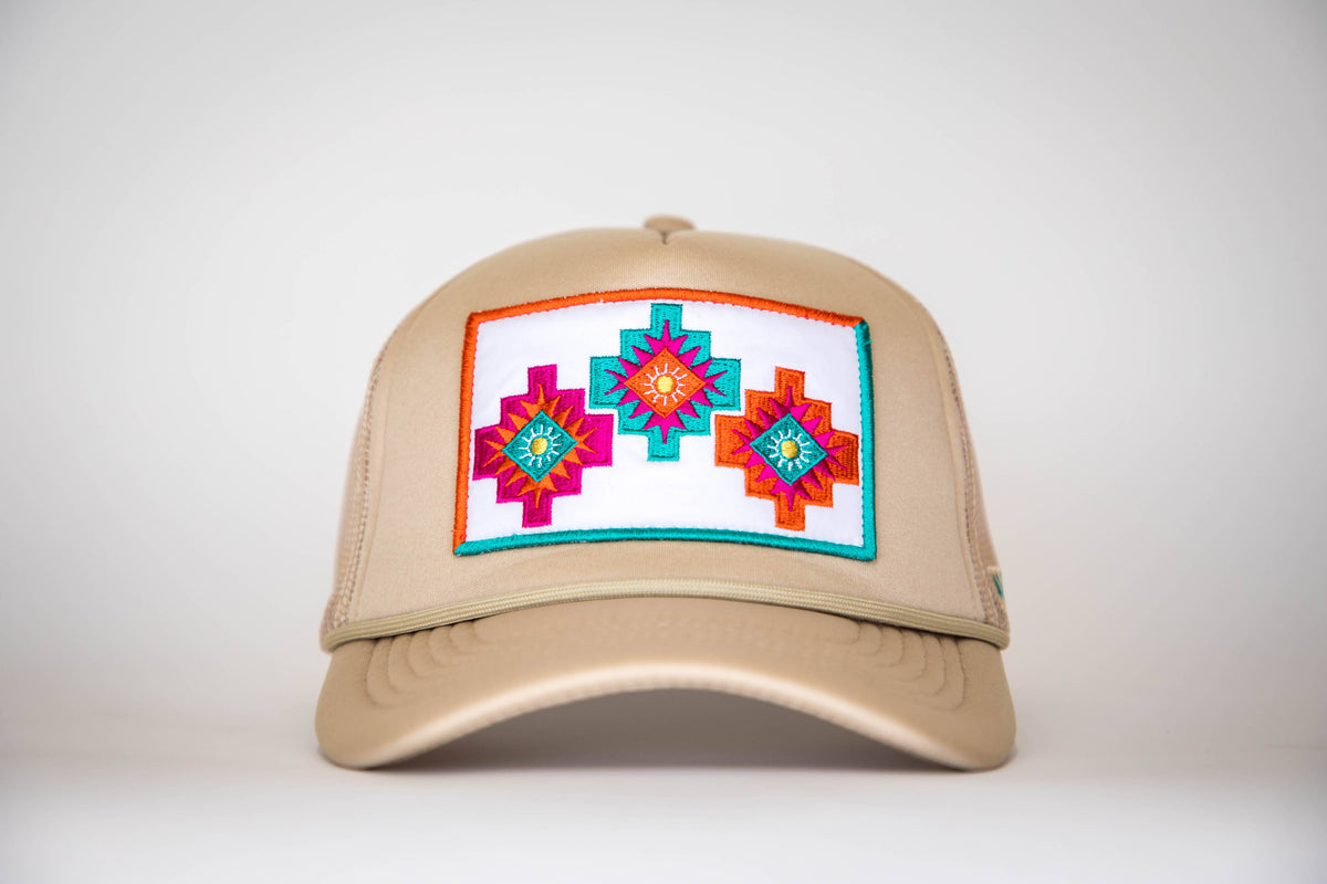 Khaki Trucker Cap with 3 Aztec Embroidered Patch