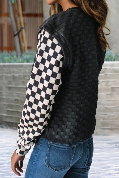 Women's Checkered Textured Long Sleeve Top - Black and White