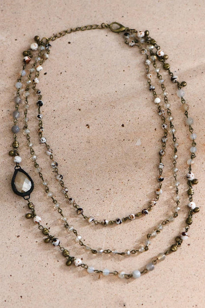 Triple Layered Mixed Glass Bead and Stone Necklace