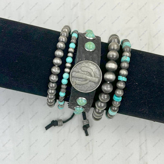 Silver Navajo Pearl with Blue Turquoise Bracelet Set