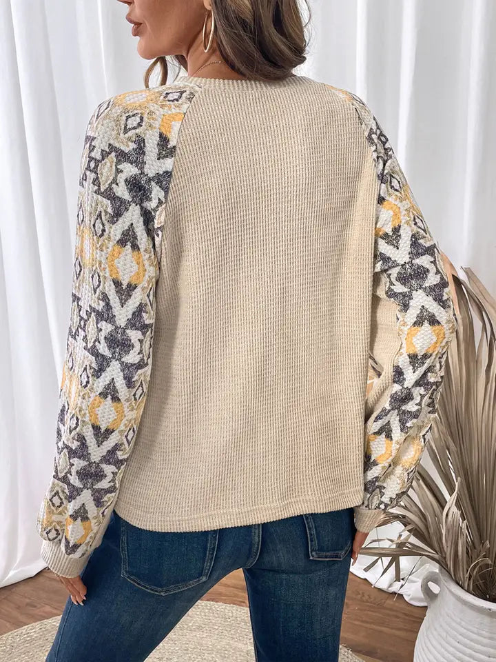 Women's Splicing Long Sleeved Round Neck Printed Top