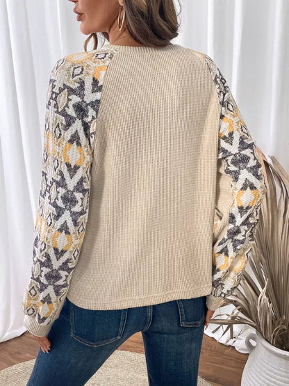 Women's Splicing Long Sleeved Round Neck Printed Top