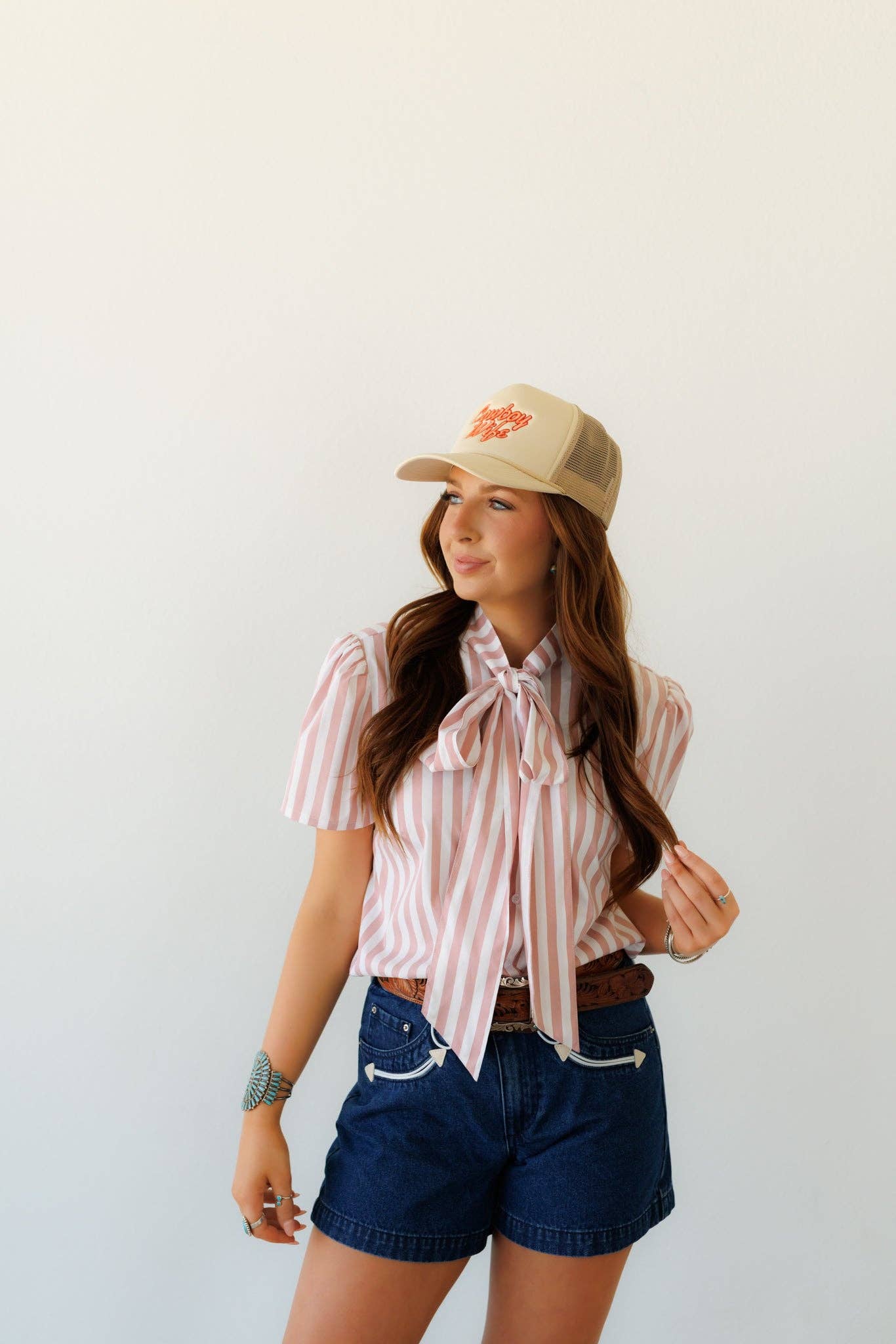Women's Howdy Hanny Mauve Stripe Short Sleeve Tie Blouse