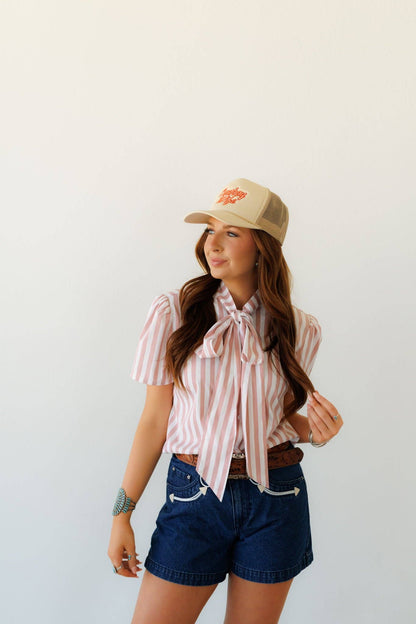 Women's Howdy Hanny Mauve Stripe Short Sleeve Tie Blouse