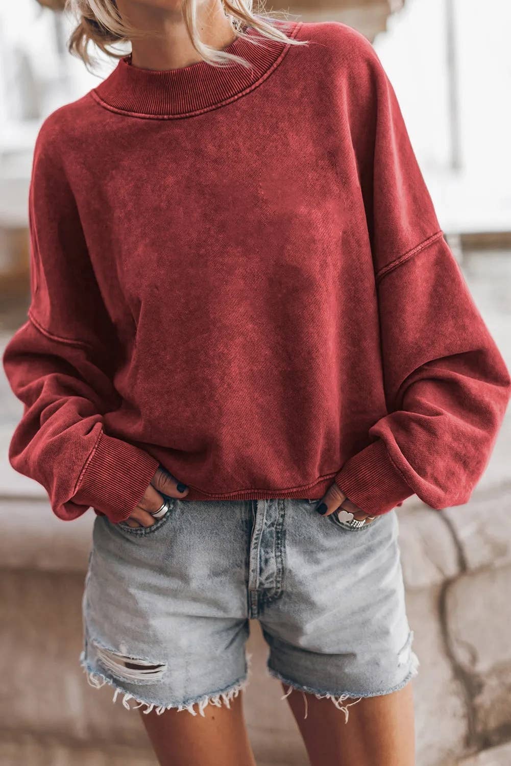 Women's Acid Washed Crewneck Sweatshirt - Red