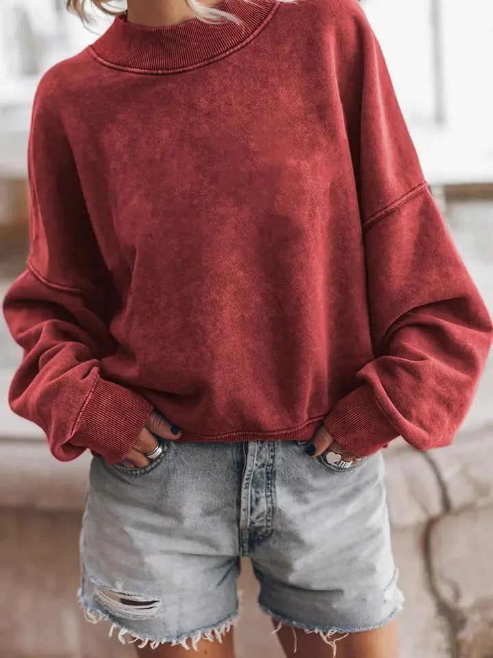 Women's Acid Washed Crewneck Sweatshirt - Red