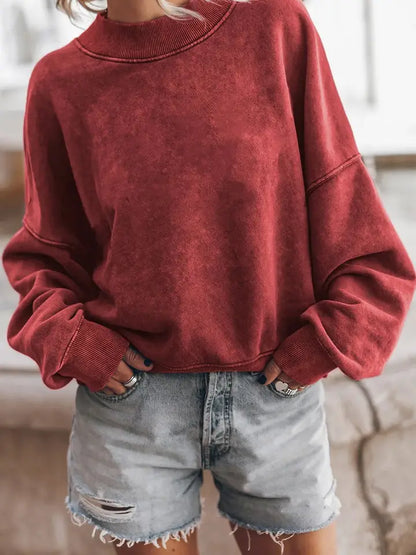 Women's Acid Washed Crewneck Sweatshirt - Red