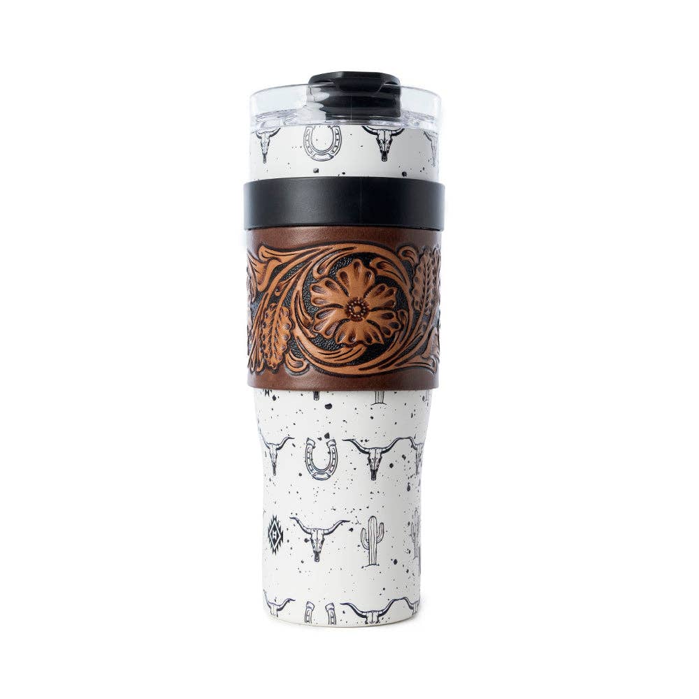 Tooled Western Tumbler in White Stainless Steel